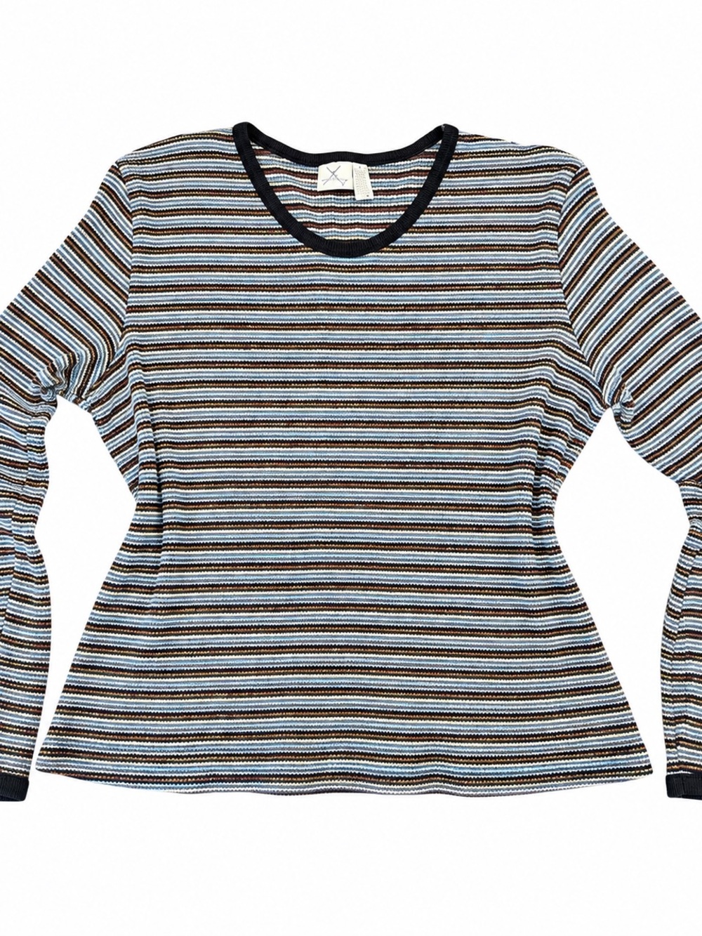 Xhilaration Striped Long-Sleeve Crewneck Top in Blue, Brown & Black VINTAGE